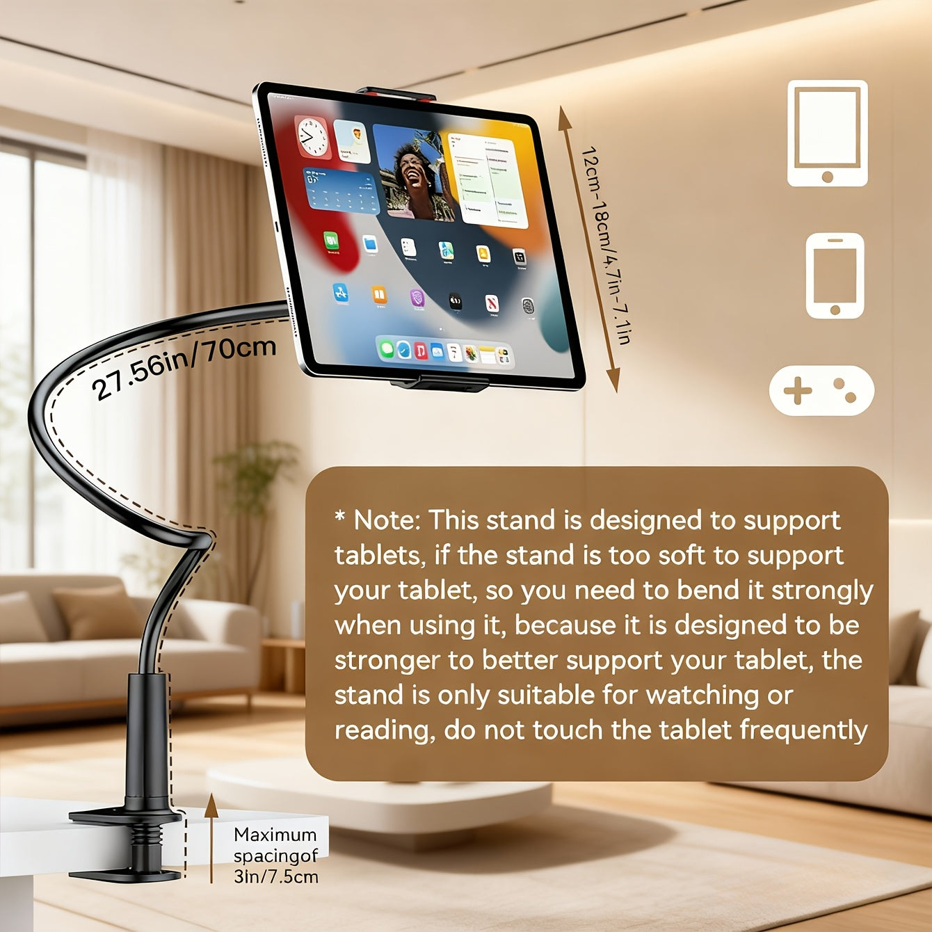 Premium Universal Phone & Tablet Holder, 360° Rotatable & Adjustable. Multi-Purpose Bendable Clip-On Stand for Bedside & Desk Use, Available in Black & White. Constructed with Plastic & Metal Hose for Durability.