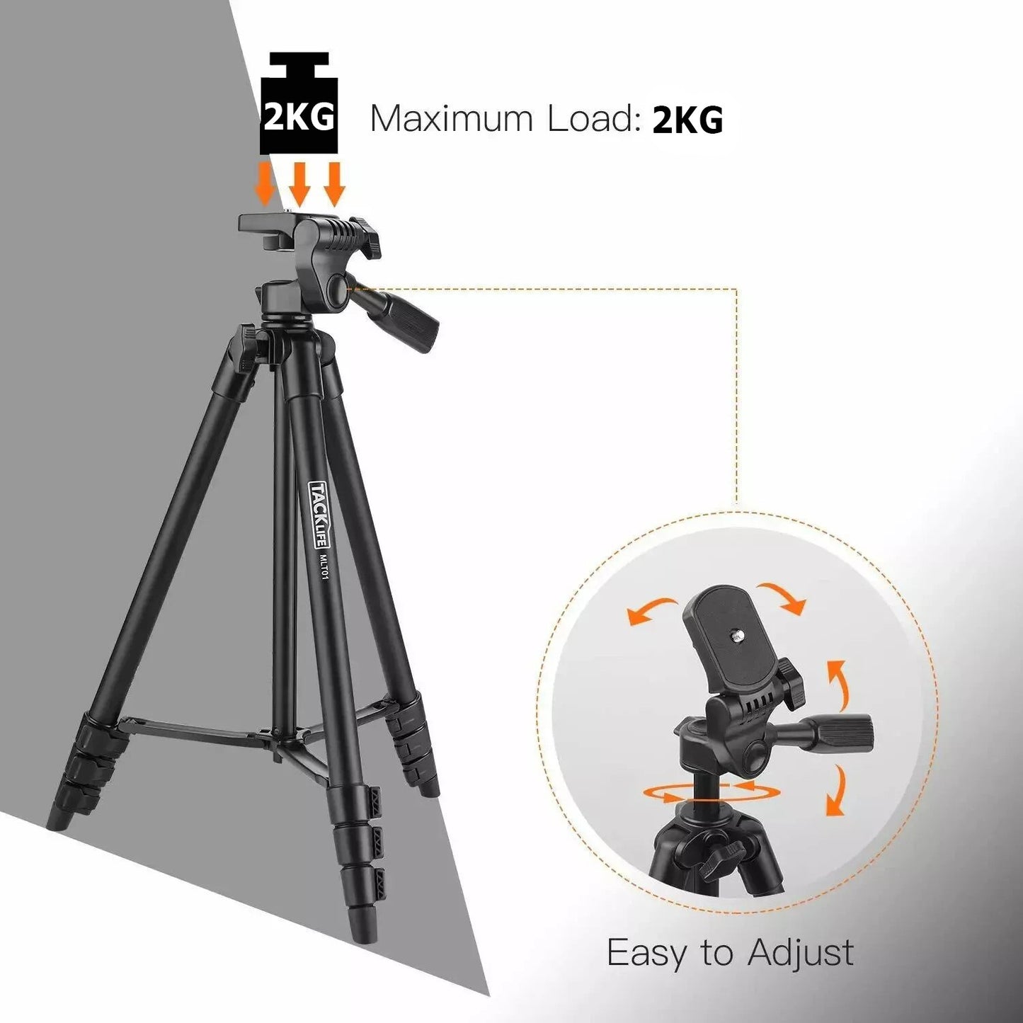 TACKLIFE Lightweight Travel Tripod 53" for Phone and Camera, with Phone Holder, Carry Bag & Bluetooth Remote, Aluminum Alloy, 1/4" Standard Mount, Foldable 40.5-135cm