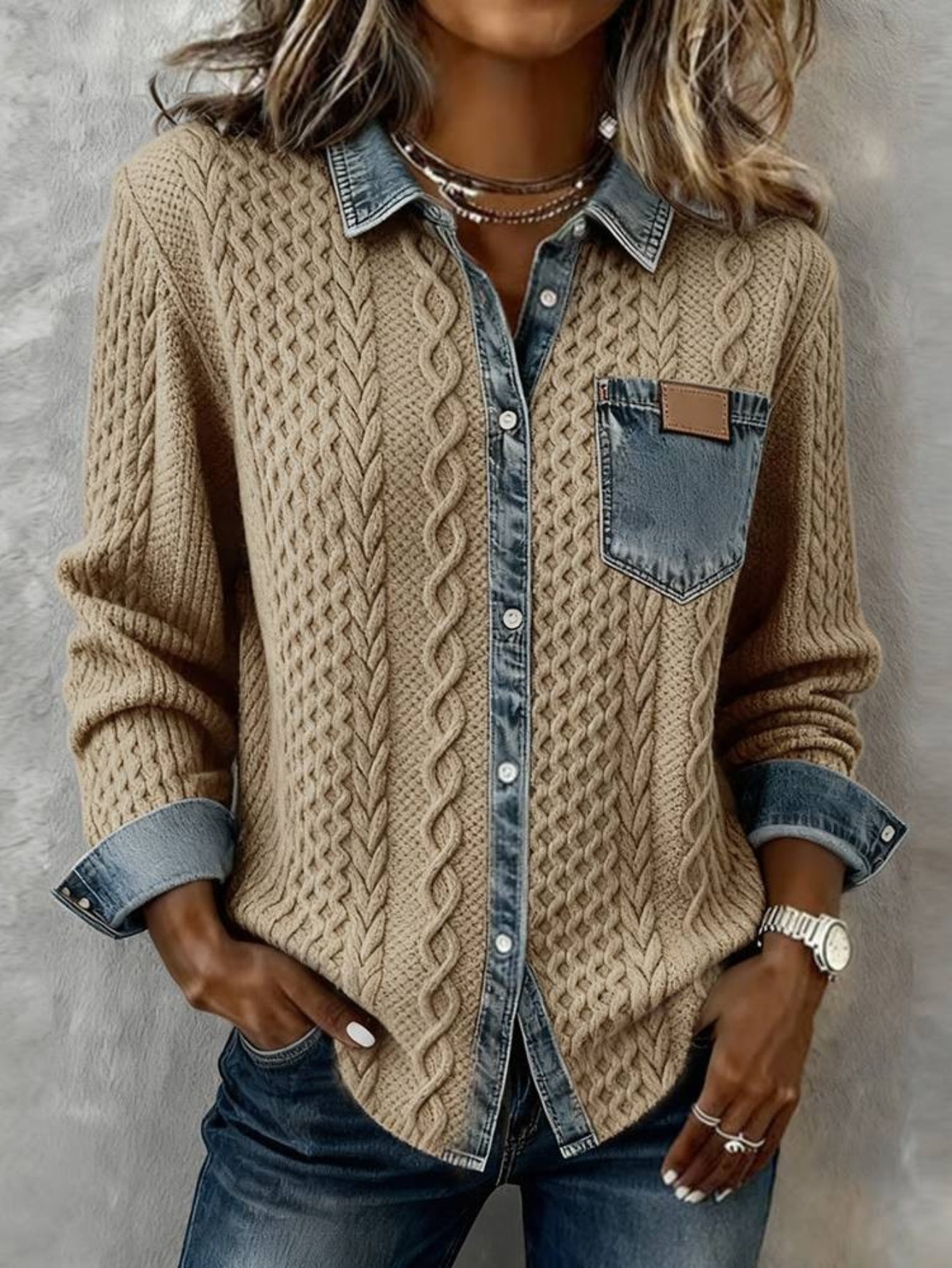 [Denim Patchwork Jacket] Women's Denim Patchwork Jacket - Long Sleeve Stand Collar Button Up Cardigan, Spring/Summer Style, Perfect for Casual Or Commuting Outfits, All Seasons Wear