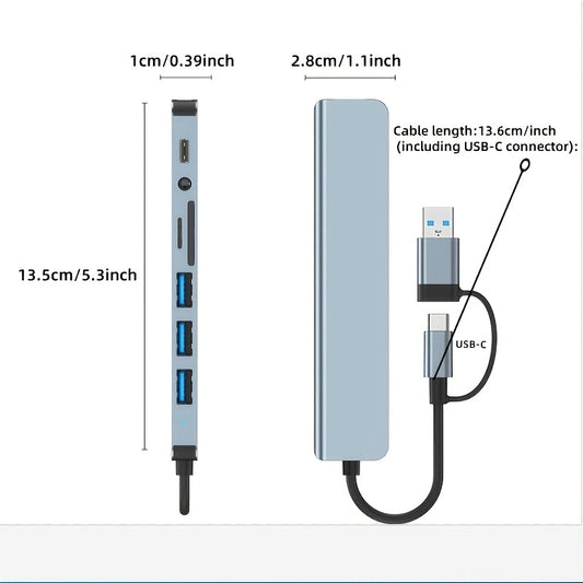 8-in-1 Hub, USB & Type-C Port, Multi-Functional Docking Station with USB 3.0 + USB-C + SD/TF + 3.5mm Audio, Supports Smooth Multi-Port Collaboration, Suitable for Video and Audio Output from Phones, Tablets, Computers, Etc