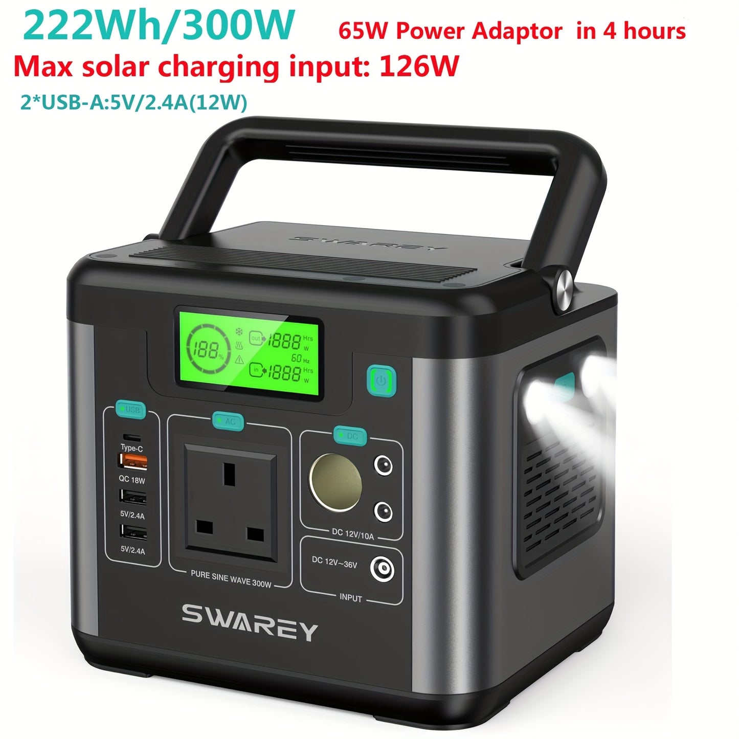 Swarey 300W Power Station | 222 Wh Portable External Battery Pack with AC Outlet, PD 65W Fast Charging Laptop Charger for Business, Travel, Camping, Home Emergency Outage, Laptop, Camera
