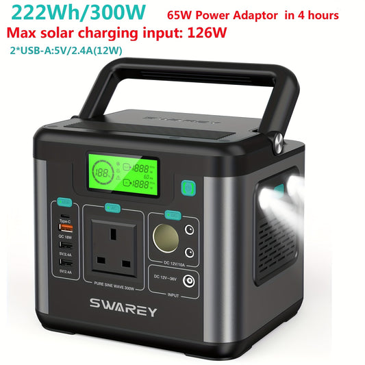 Swarey 300W Power Station | 222 Wh Portable External Battery Pack with AC Outlet, PD 65W Fast Charging Laptop Charger for Business, Travel, Camping, Home Emergency Outage, Laptop, Camera