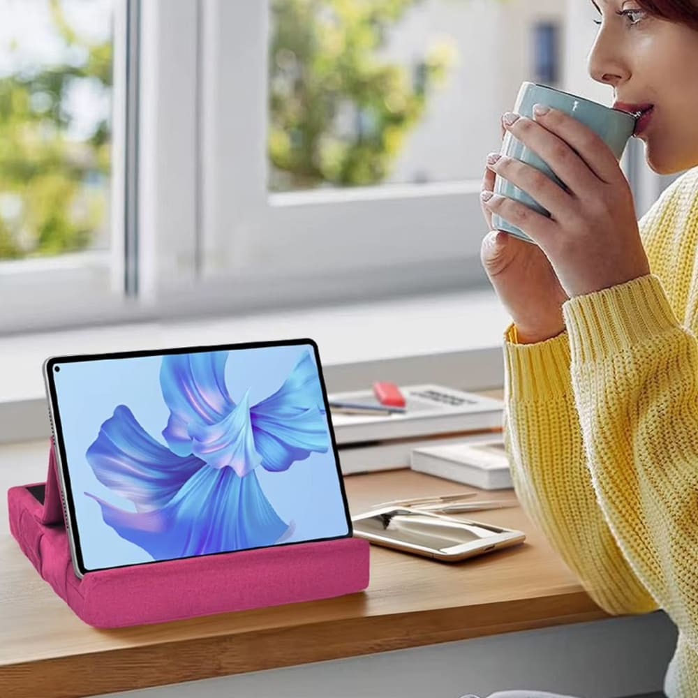 Tablet Pillow Holder, Adjustable Lap Tablet Stand Foldable Design with Deep Slot and Storage Pockets, Comfortable Use for Bed Sofa Desk Travel