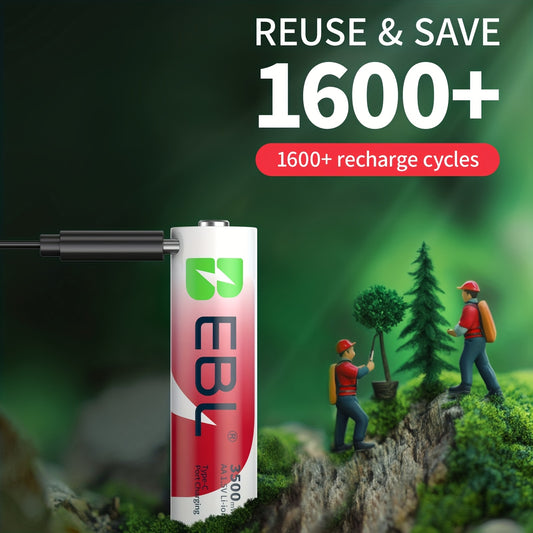 EBL 1.5V Lithium AA Rechargeable Battery - 3500mWh High Capacity with 4-in-1 USB-C Charging Cable, USB-C AA Battery, No Charger Needed to Charge Anywhere, Rechargeable Lithium Batteries Aa, Rechargeable Battery Aa, Rechargeable Aa Batteries